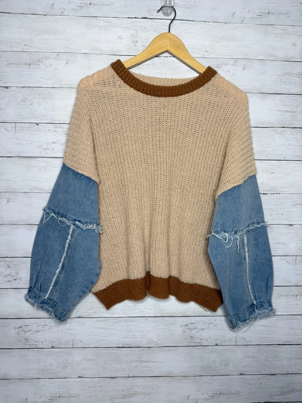 Debut Most Hype Knit Sweater Denim Sleeves Boho Western Oversized Boutique S/M - Picture 2 of 6